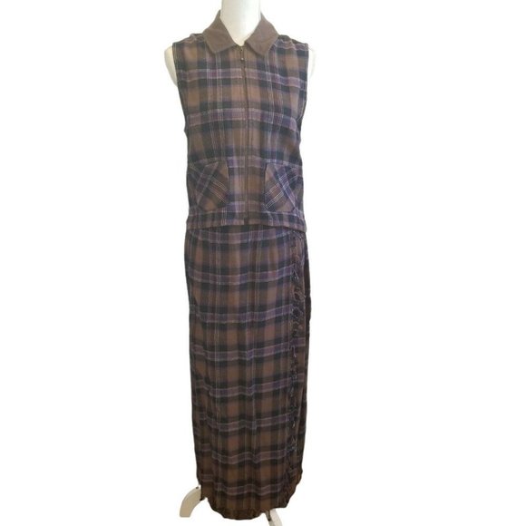 Vintage 90s Flannel Brown Plaid Maxi Skirt Set Vest Fringe Sm Top Medium Skirt - Picture 1 of 11